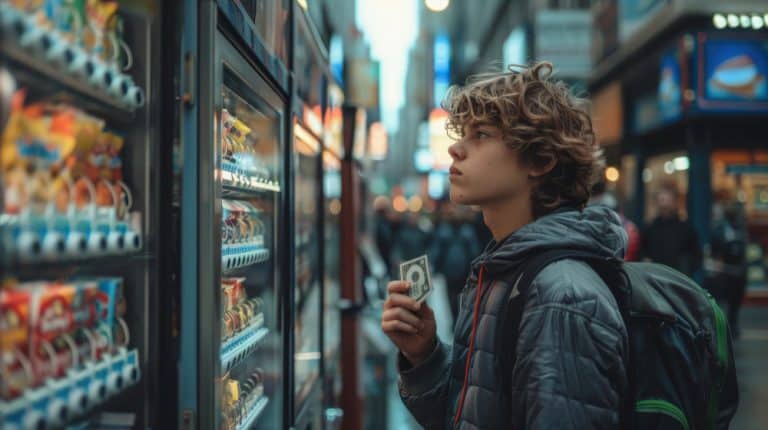 Joven comprando snack en máquina expendedora en ciudad.