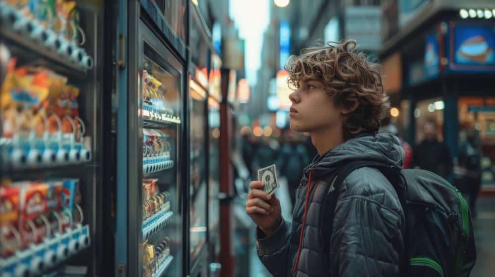 Joven comprando snack en máquina expendedora en ciudad.